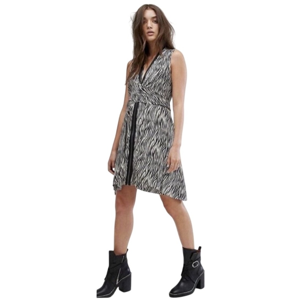 All Saints ALLSAINTS Jayda Zebra 100% Silk Zip Front Mini Dress Size 6 $398